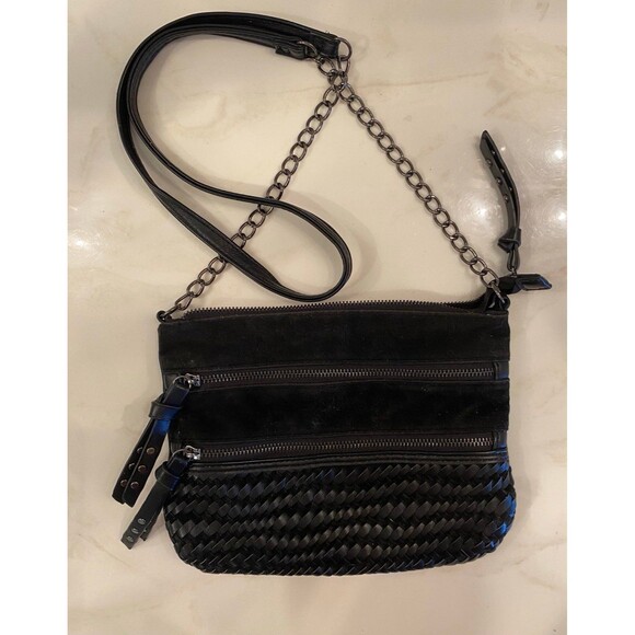 Unique Black Crossbody Bag w/ Woven Front 2 Outside Pockets Boho Retro Purse - Picture 1 of 12